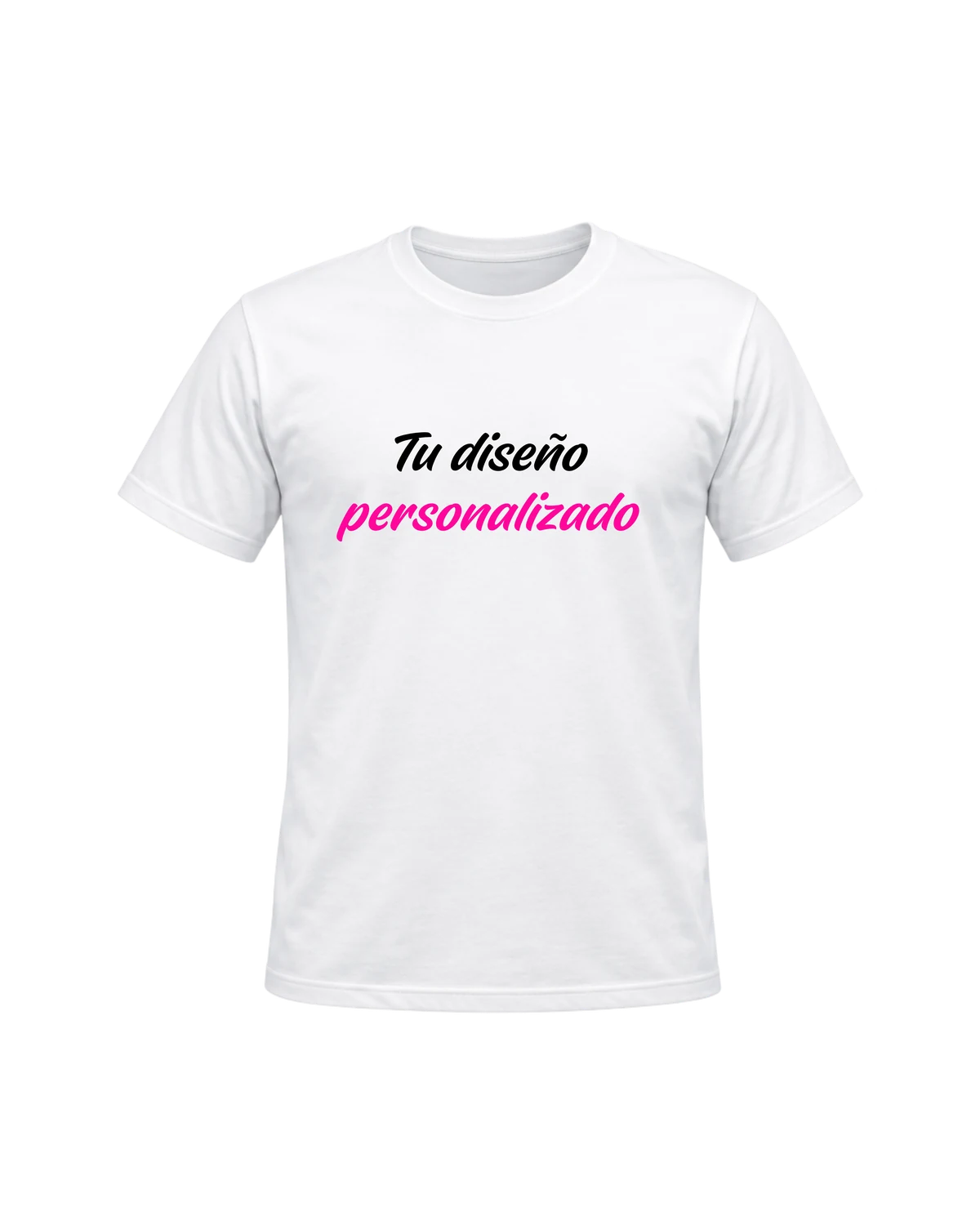 Playera blanca personalizada con texto negro y magenta