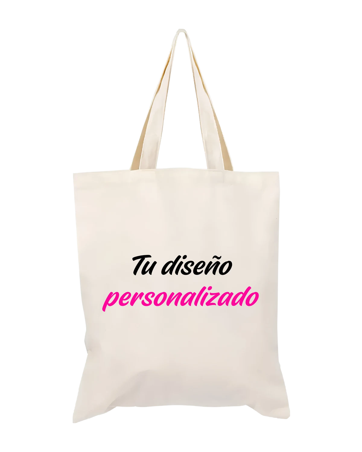 Tote bag clara personalizada con texto negro y magenta