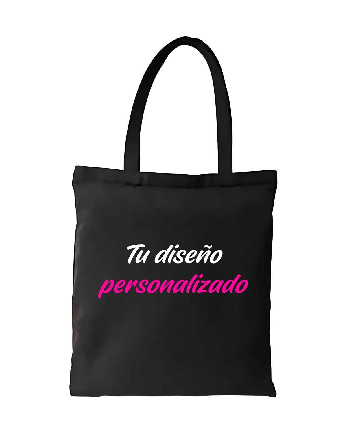 Tote bag negra personalizada con texto blanco y magenta
